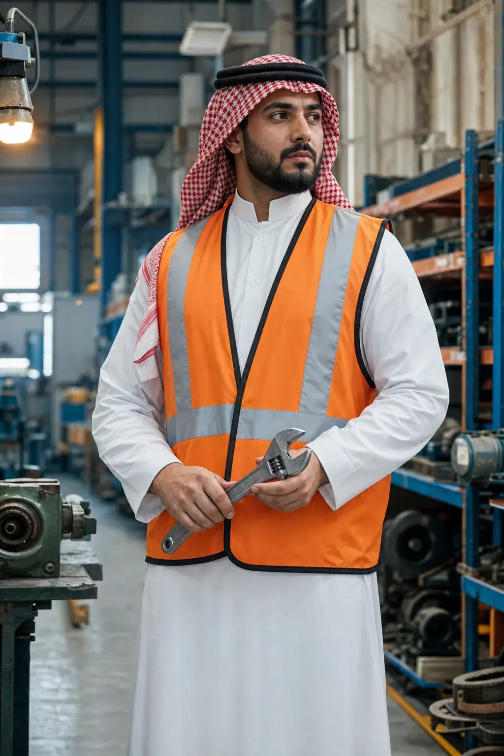 مشرف موقع صناعي سعودي يحمل مفتاح ربط داخل ورشة